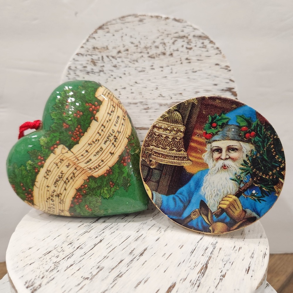 Set Of 2 Vintage Music Themed Ornaments‎ Wooden Paper Mache Santa Heart Box